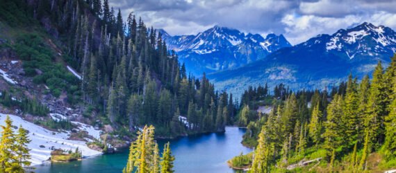 Glacier National Park in Montana filled with a lush forest and river with snow covered mountains in the background
