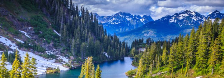 Glacier National Park in Montana filled with a lush forest and river with snow covered mountains in the background