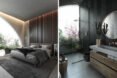 On the left, dark gray bedroom with recessed lighting. On the right, soothing gray bathroom.