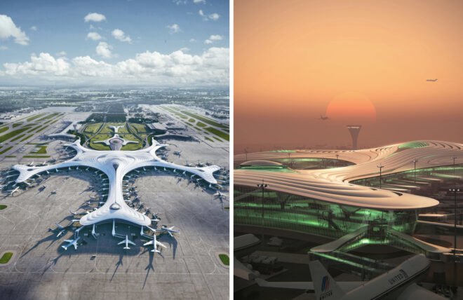 rendering of snowflake-shaped airport terminal