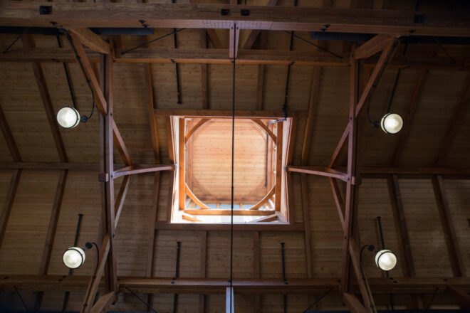 large vaulted ceiling with exposed timber beams