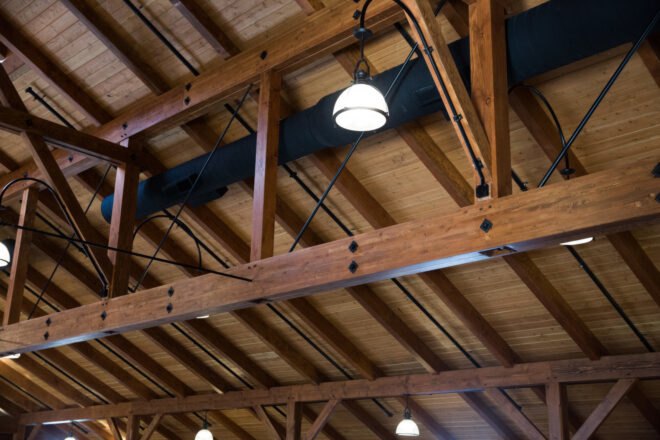 large vaulted ceiling with exposed timber beams