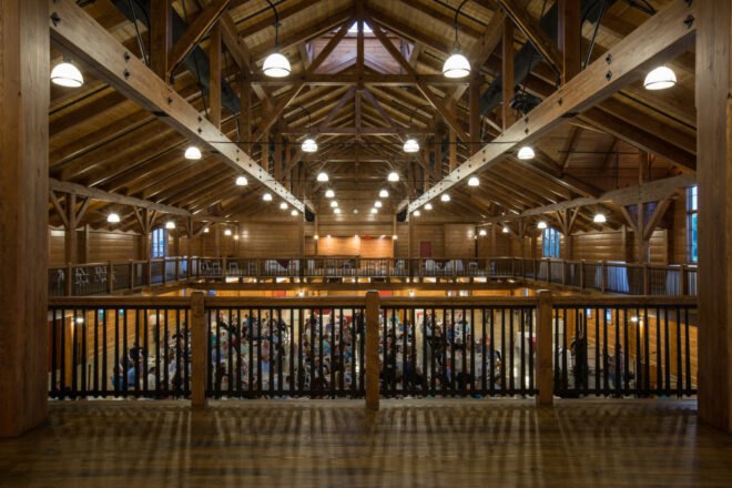 large vaulted ceiling with exposed timber beams