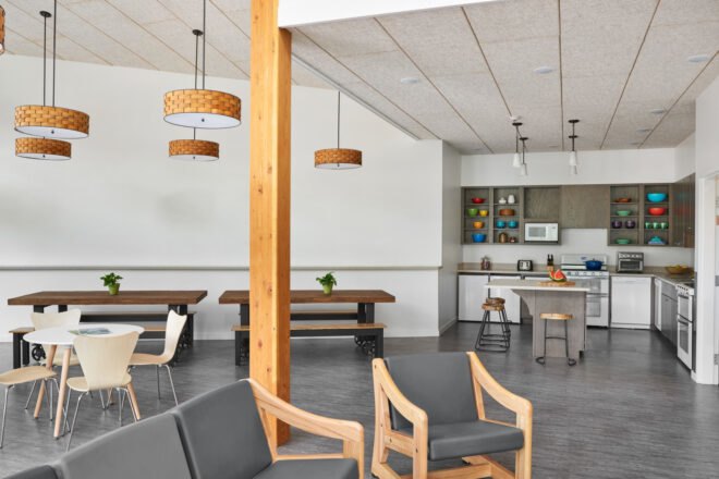 community room with gray seating