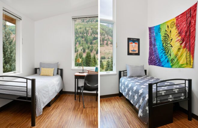 two bedrooms with twin-sized beds