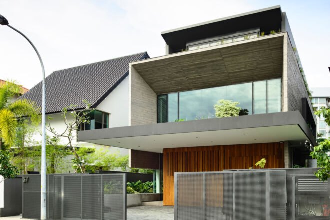 box style four story home with large windows
