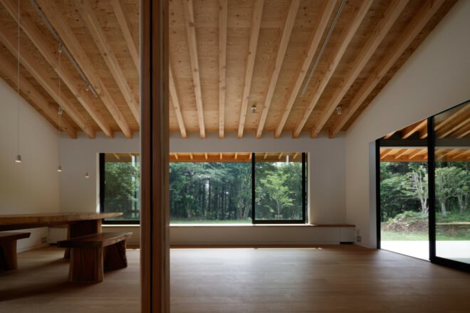 minimalist living area with white walls and wooden dining table