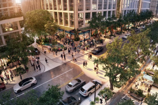 aerial view of street rendering in a lively city with buildings and people walking through the street