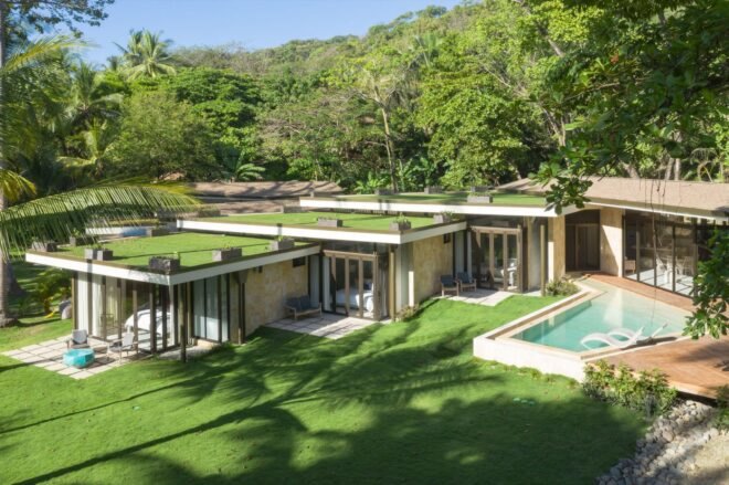 staggered home with green roofs