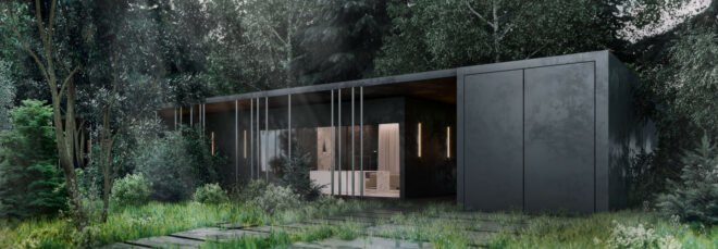 black horizontal cabin surrounded by forest