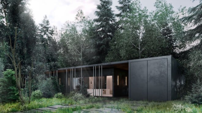 black horizontal cabin surrounded by forest