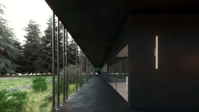 side view of covered deck of black cabin