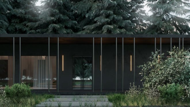 black cabin with thin columns around the front