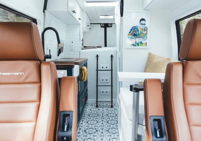 view of camper van interior from drivers seat
