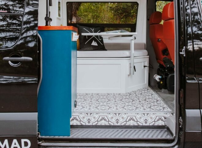 camper van with black and white flooring
