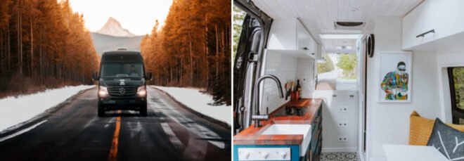 dark exterior and light interior of camper van