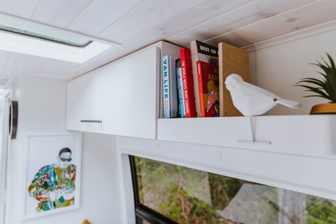 white storage shelves