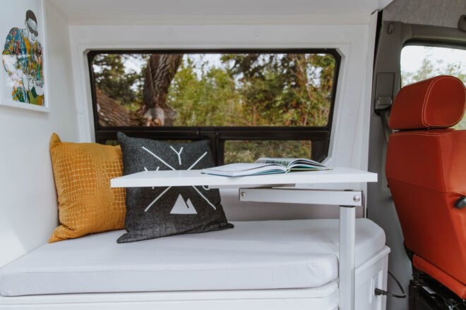 white bench with swivel table