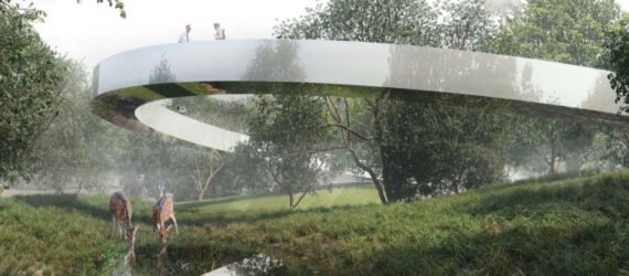 rendering of oval structure with deer nearby