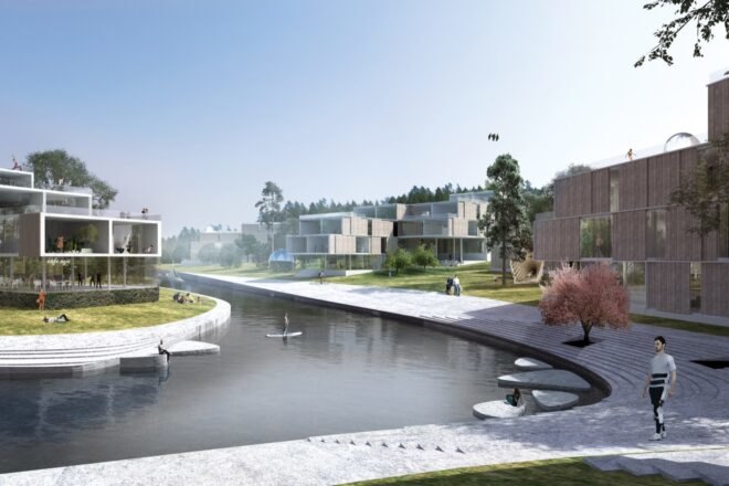 rendering of wood housing complexes around a river