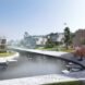 rendering of wood housing complexes around a river