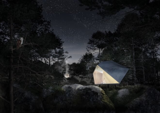 rendering of geometric glamping pod in forest at night