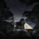rendering of geometric glamping pod in forest at night