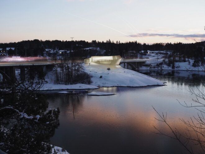 rendering of curving building atop icy hill