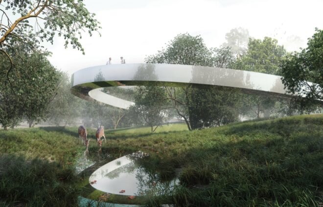rendering of oval structure with deer nearby