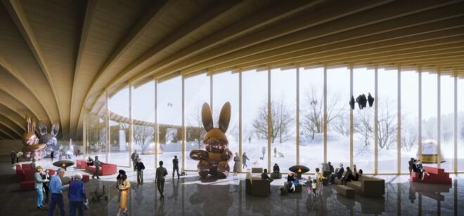 rendering of giant bunny sculptures inside curving building