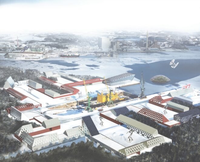 rendering of multiple buildings on an island