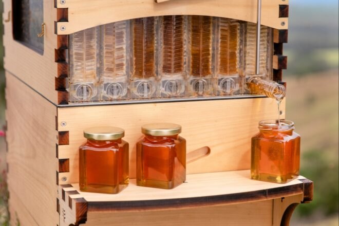 beehive with shelf of jarred honey
