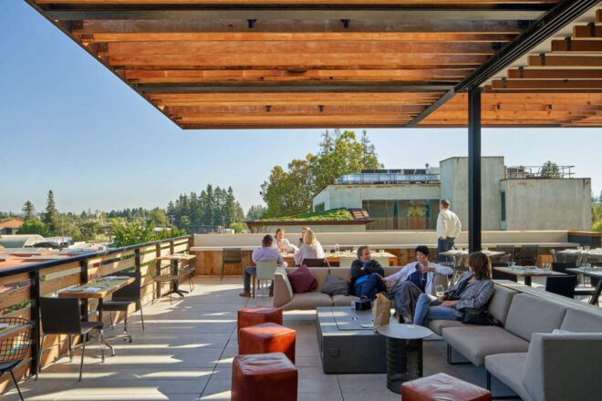 outdoor lounge with dining tables