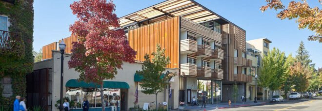 wood and glass hotel building