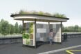 rendering of bus stop with plant-covered walls and roof