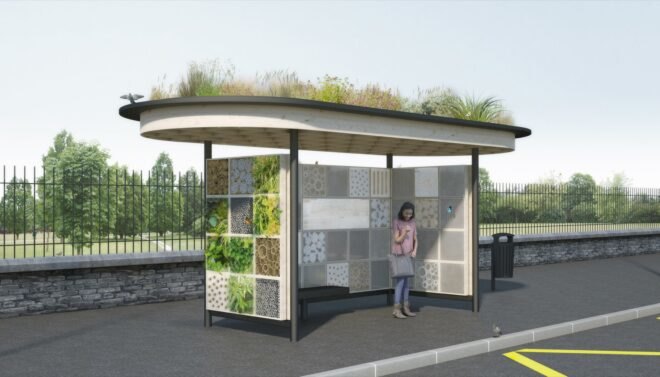 rendering of bus stop with plant-covered walls and roof
