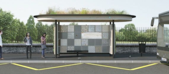 rendering of bus stop with a green roof