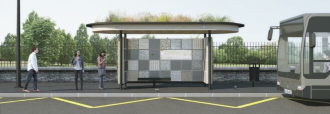 rendering of bus stop with a green roof