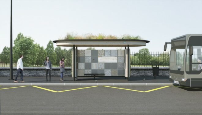 rendering of bus stop with a green roof
