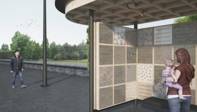 rendering of bus stop with insect habitats built into walls