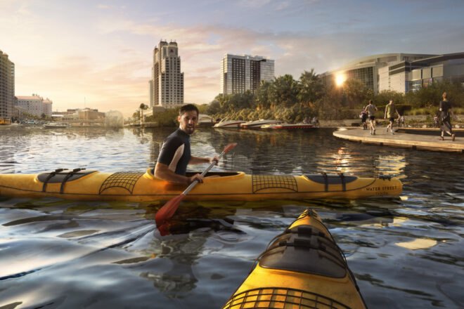 rendering of people kayaking in the water front by the building structure