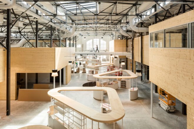 indoor market with light wood stalls