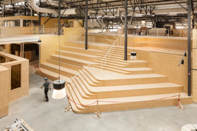indoor public market with massive wood staircase