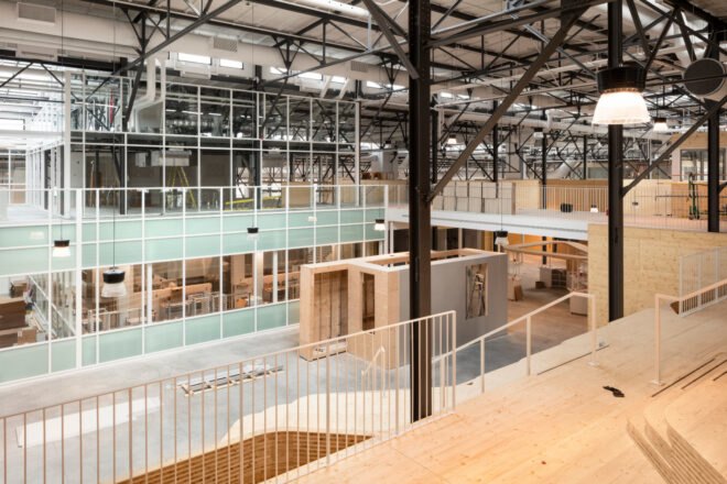 wood mezzanine level overlooking an indoor market