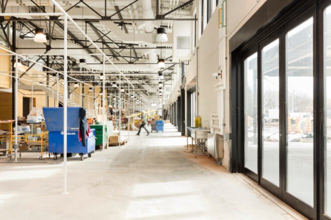 large indoor market with sliding glass doors