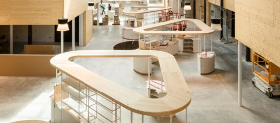 indoor market with light wood stalls