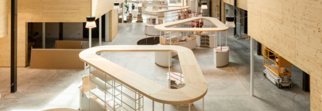 indoor market with light wood stalls