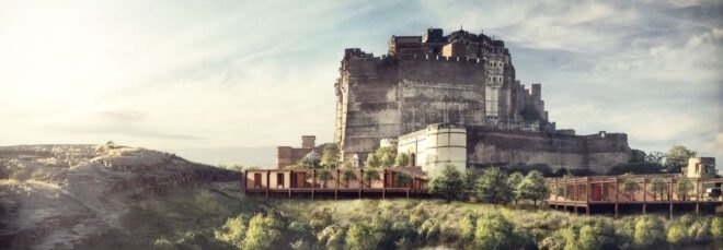 rendering of new tan buildings near ancient fort
