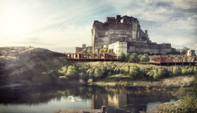 rendering of new tan buildings near ancient fort