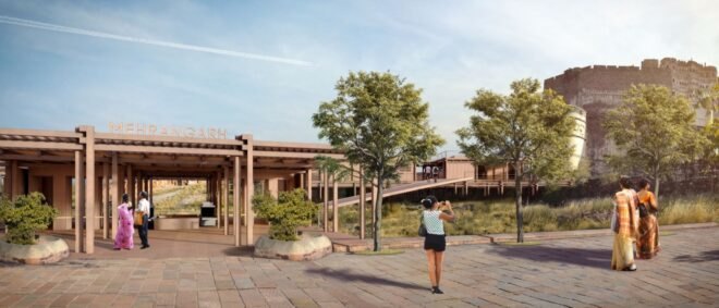 rendering of people standing near visitor center